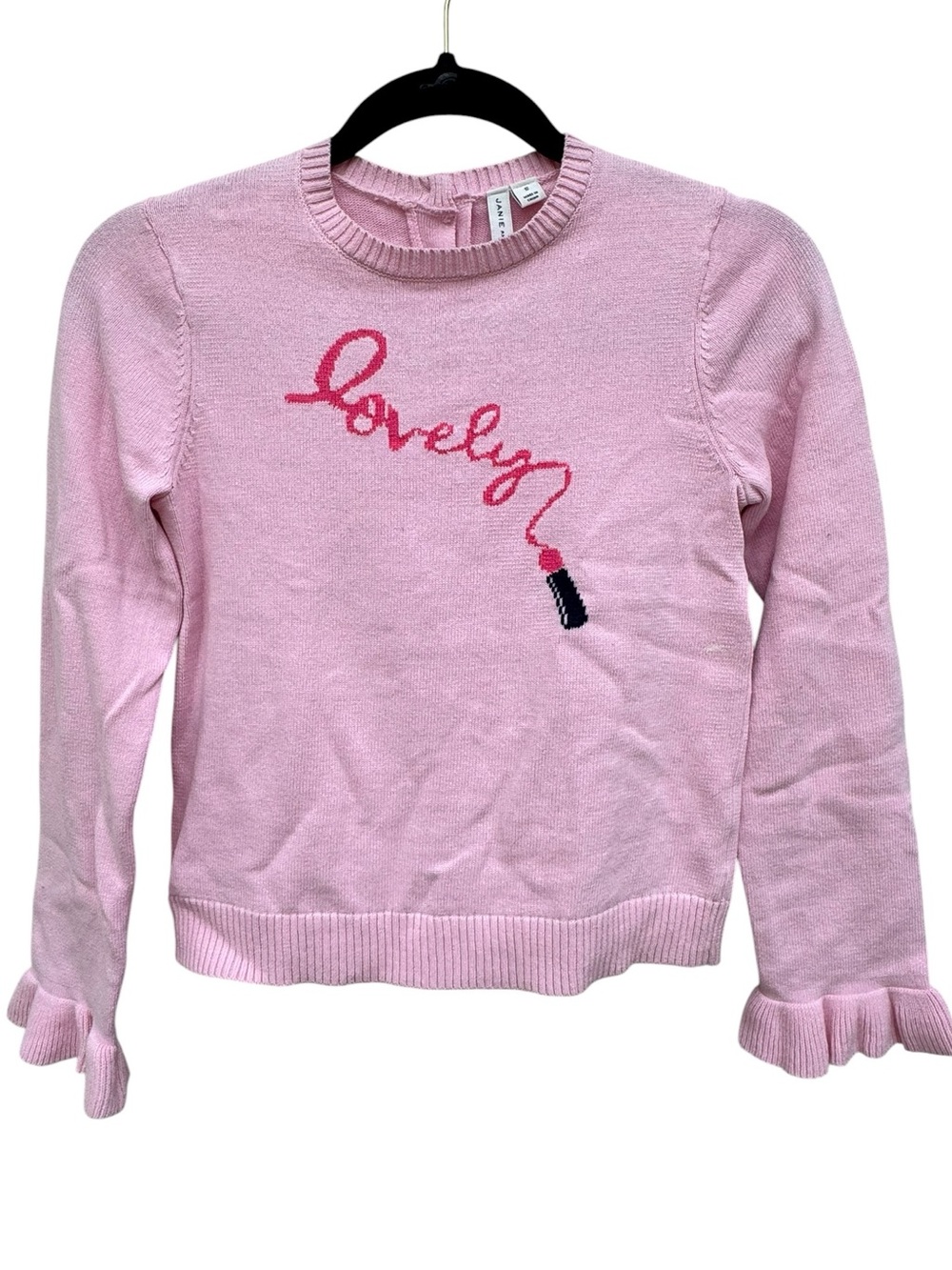 Janie and Jack Pink Crewneck Sweater with 'lovely' Lipstick Motif